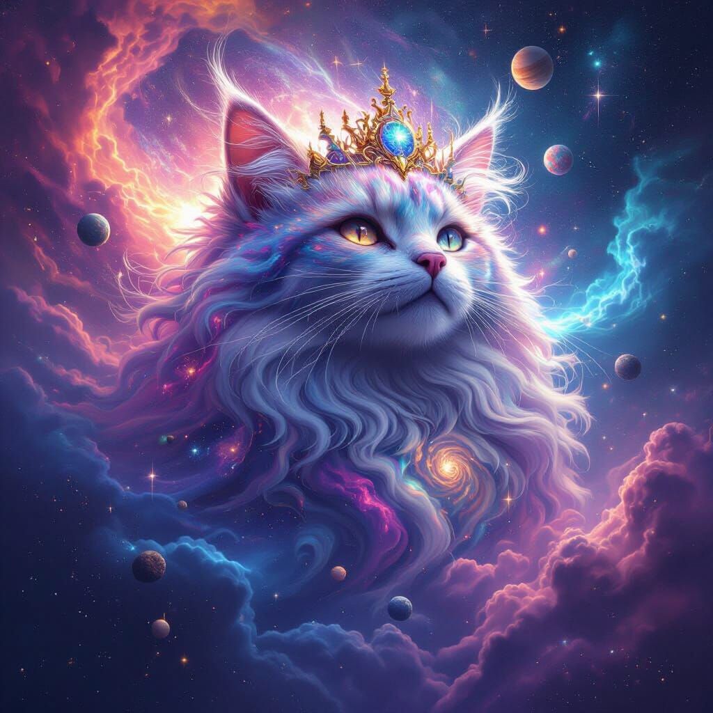 Cosmic Cat Deity in Swirling Nebula Clouds