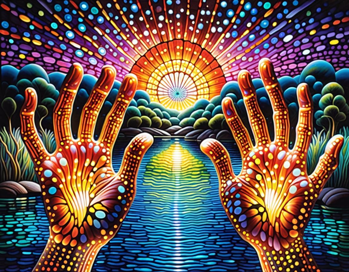 Bioluminescent Dot Art Reflecting Surreal Hands