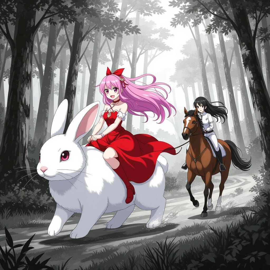 Women Riding Rabbit Racing Horse in Black and White