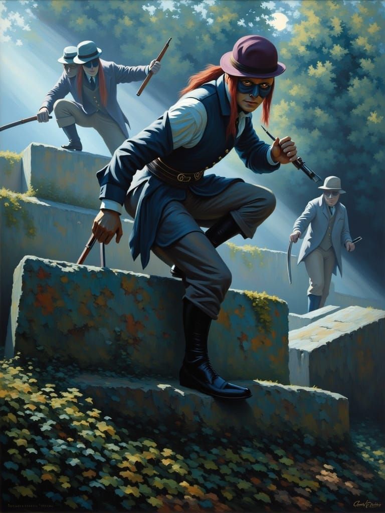 Criminals in Dark Forest Ruins Oil Painting