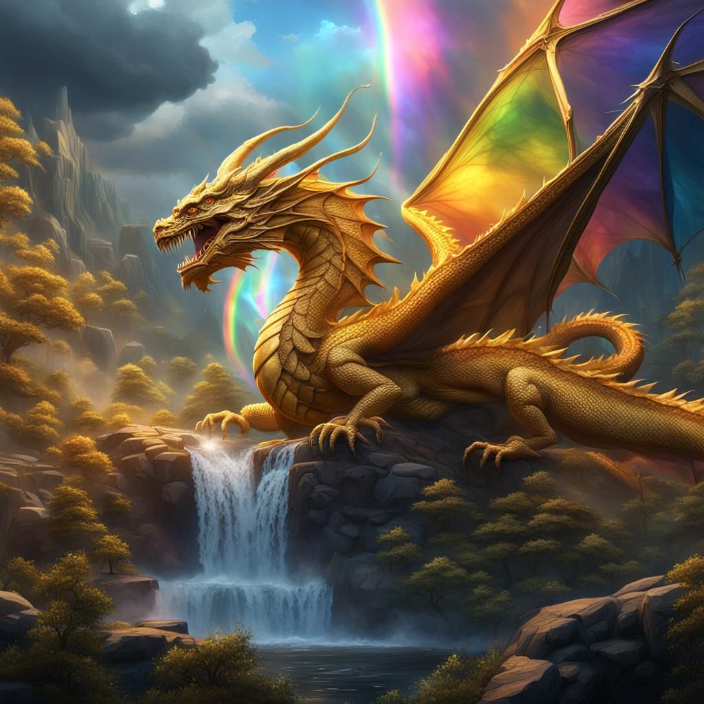 Golden Dragon Breathing Rainbow: Fantasy Concept Art