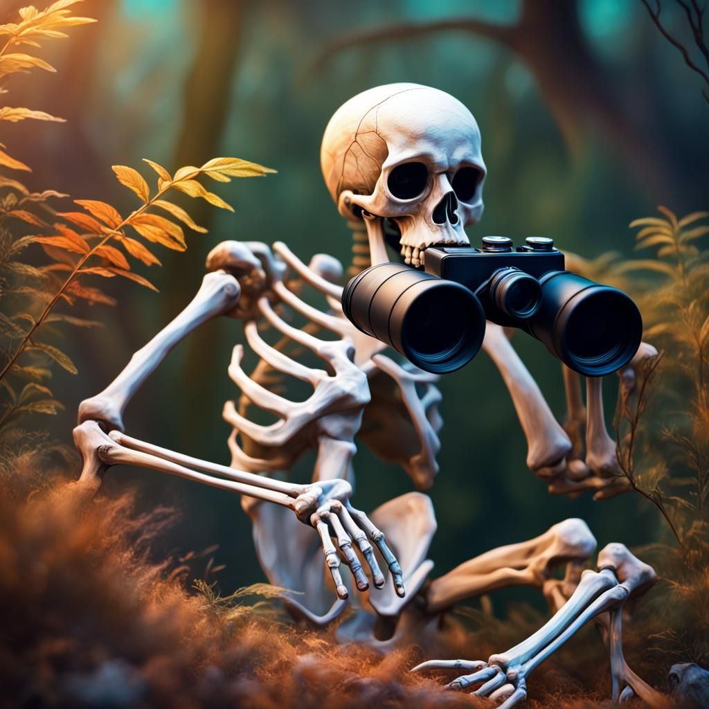 Hyperrealistic Skeleton Observes Nature with Binoculars