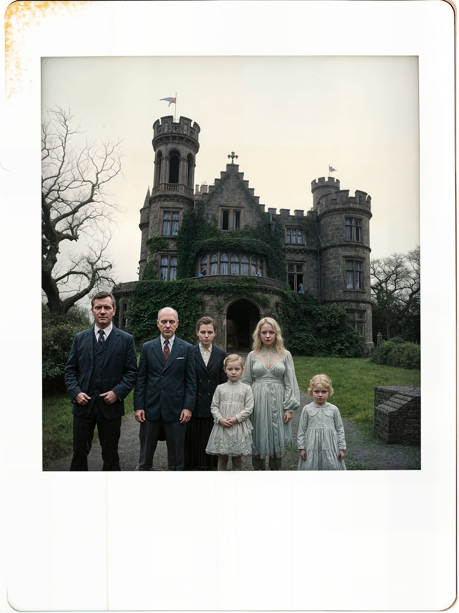 Eerie Family Poses Before Gloomy Castle in Vintage Polaroid