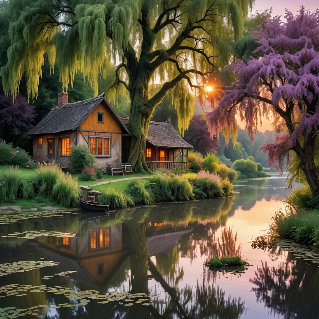 Medieval Cottage at Sunset: A Tranquil Riverside Scene