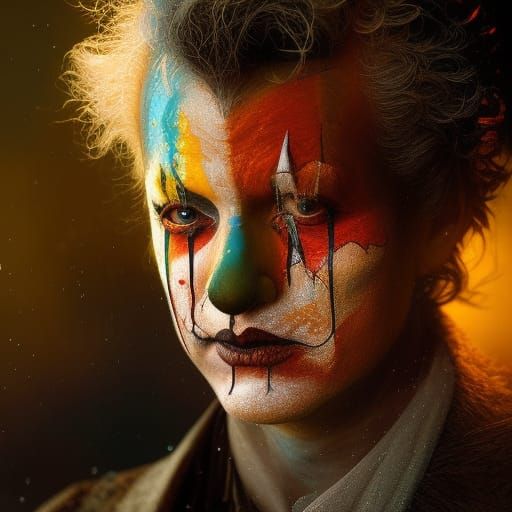 Crying Clown in Chiaroscuro Lighting, Digital Art