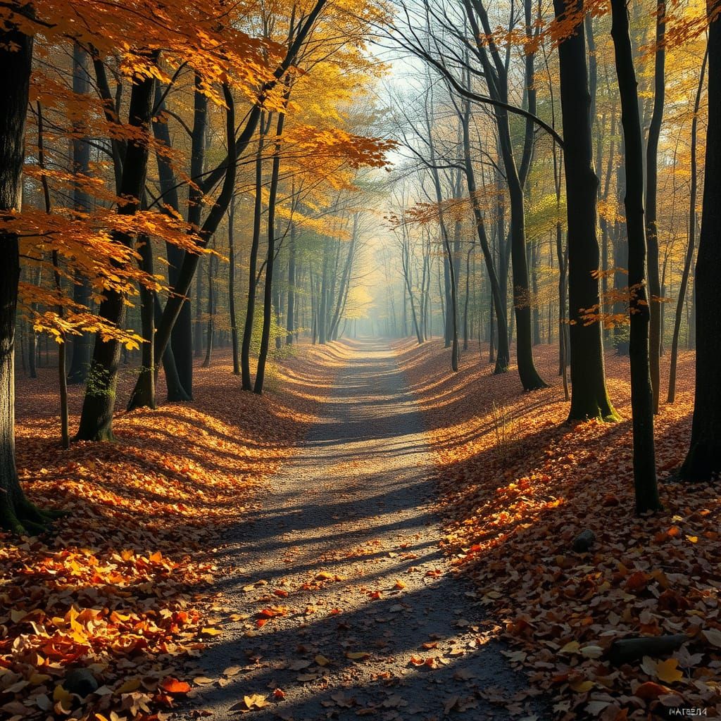 Whimsical Forest Path Basks in Warm, Golden Light