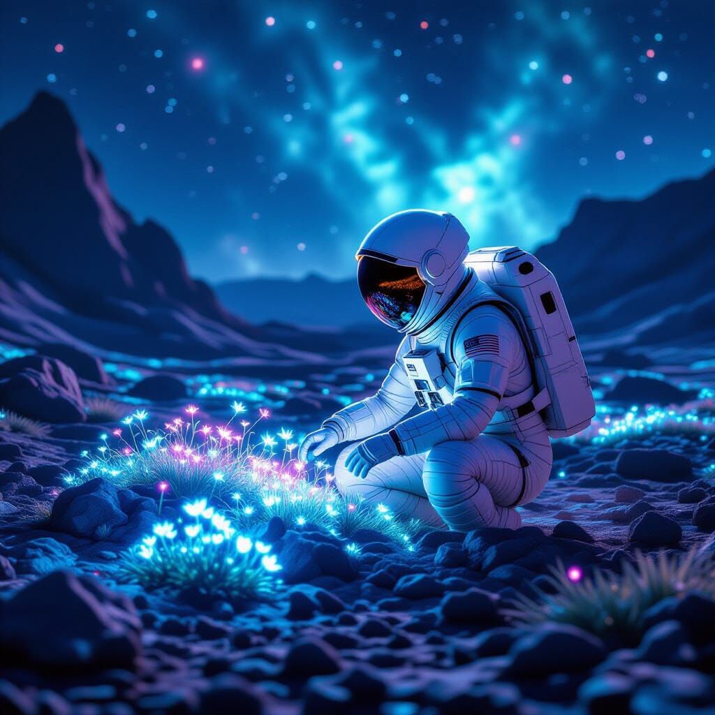 Astronaut Tends Alien Bioluminescent Garden Under Nebula Glo...