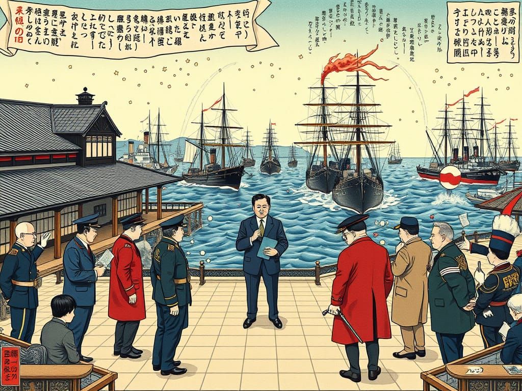 Surreal Ukiyo-e Tableau of Diplomatic Chaos