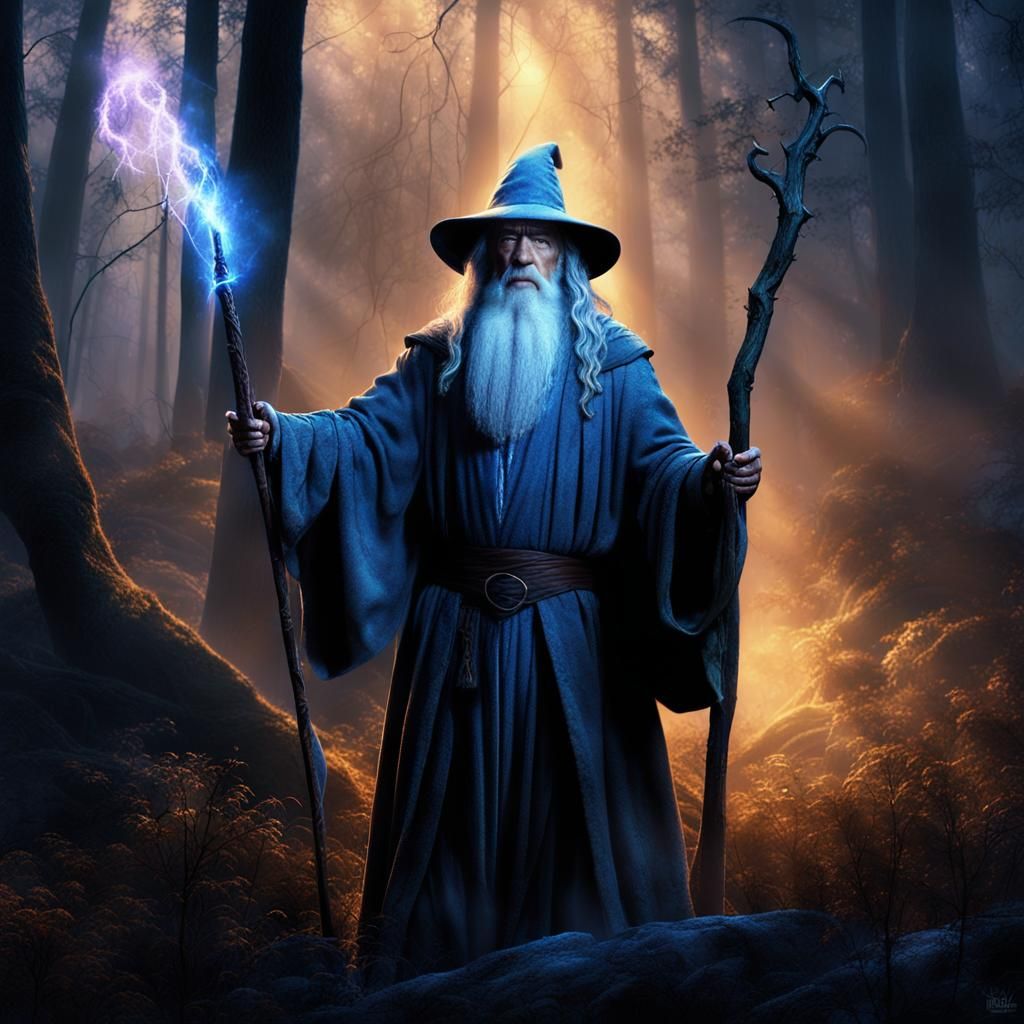Gandalf Casting Spell in Dark Fantasy Forest