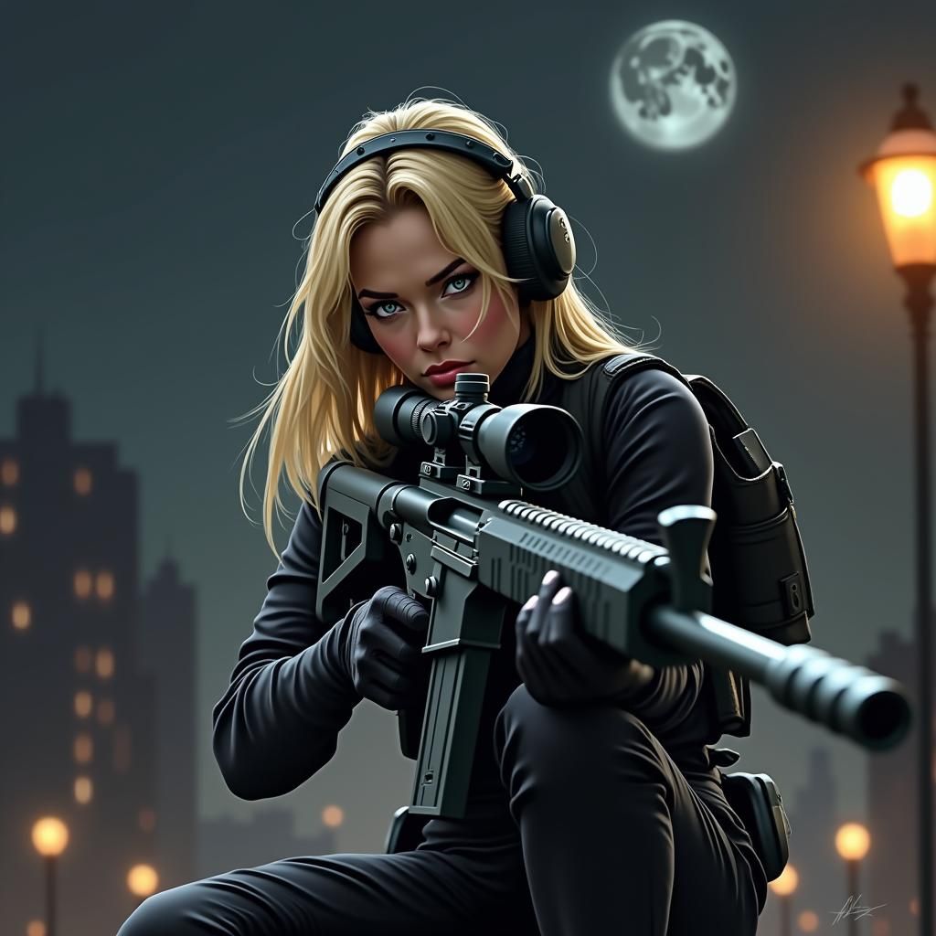 Stern Sniper in Cyberpunk Nightscape Illustration