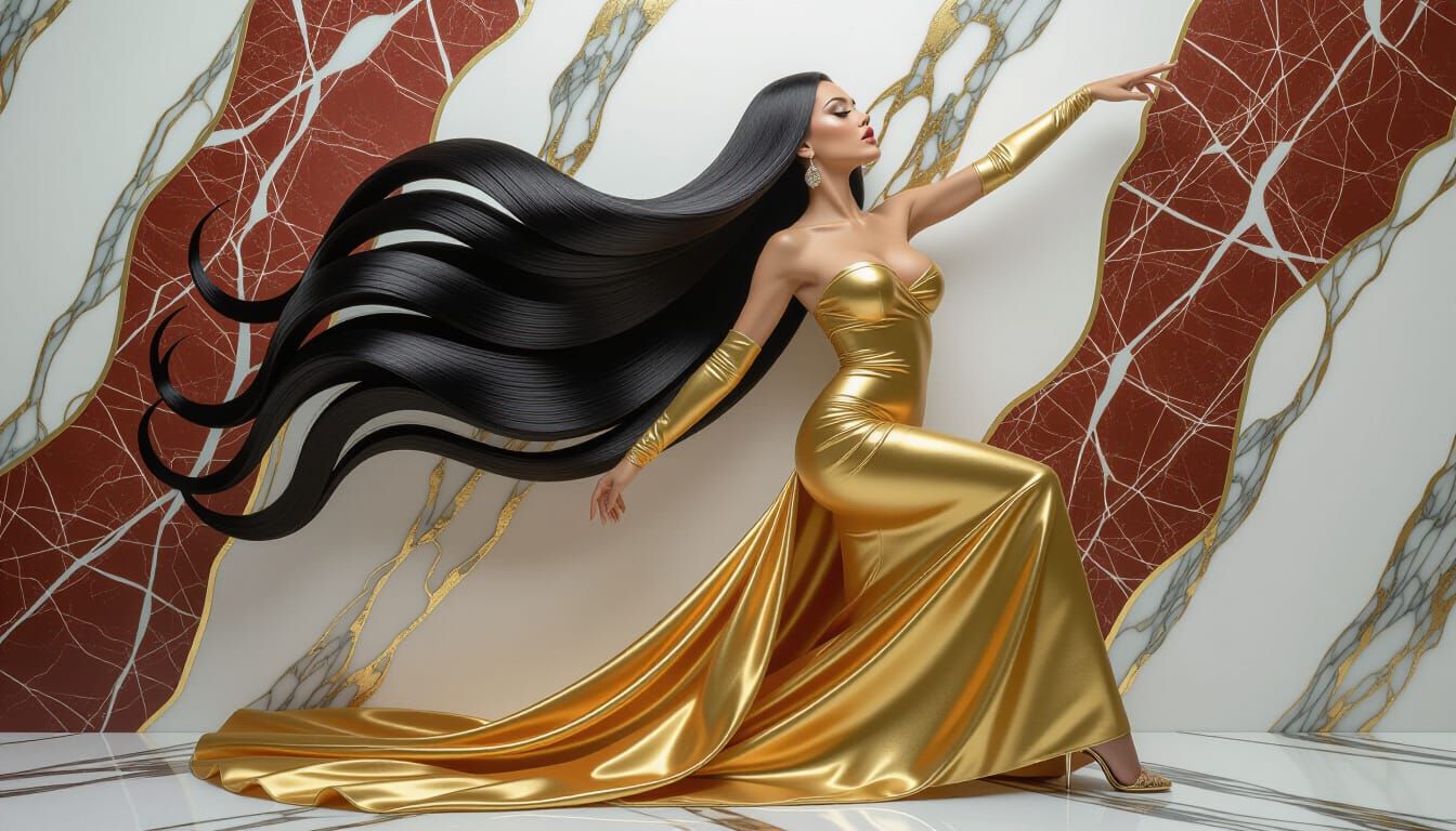 Elegant Gold Latex Woman Sculpture in Haute Couture Style