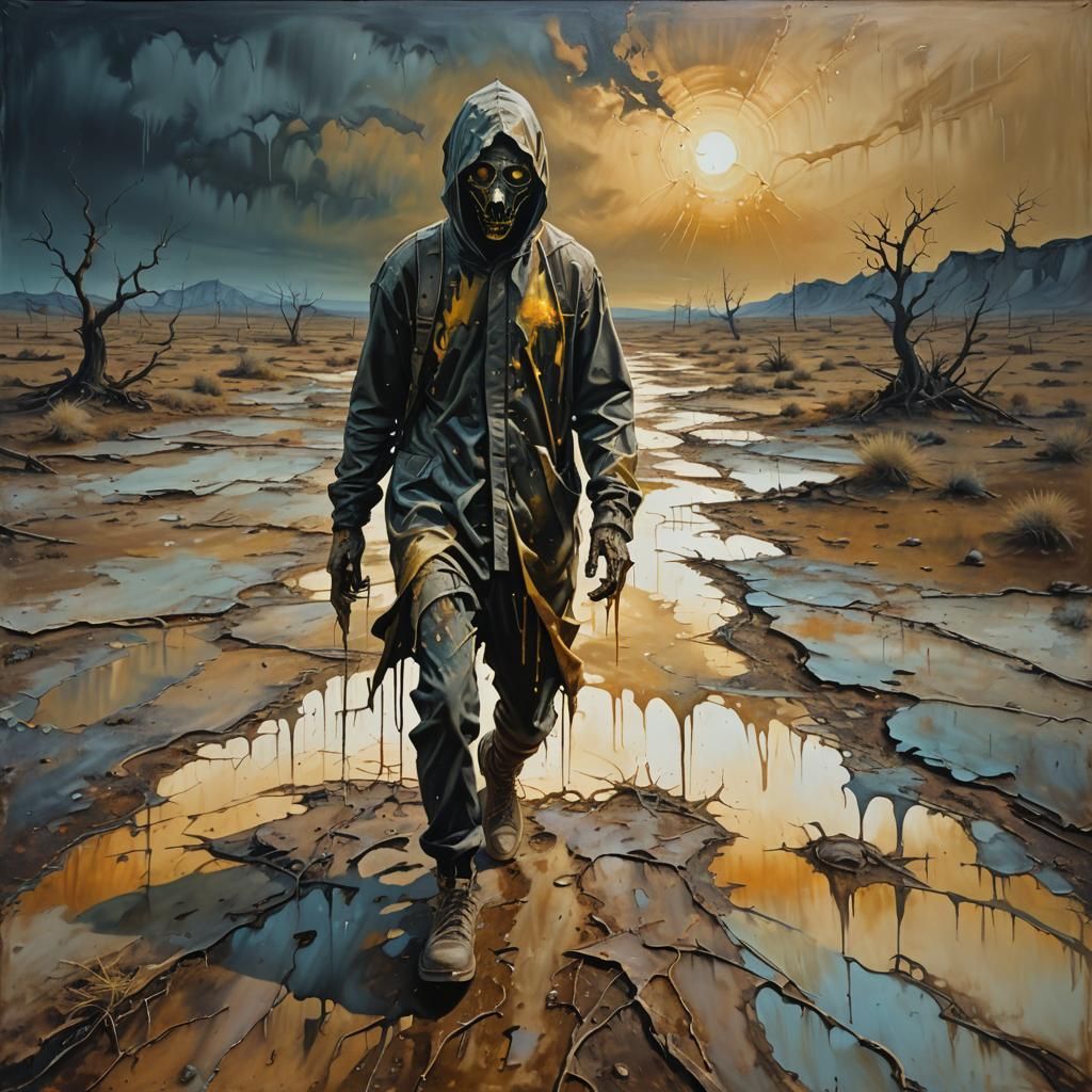 Surreal Figure Fleeing in Dreamlike Landscape