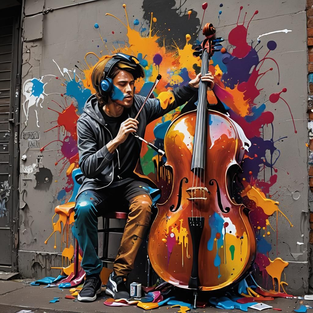 Skeleton Cellist in Colorful Graffiti Art