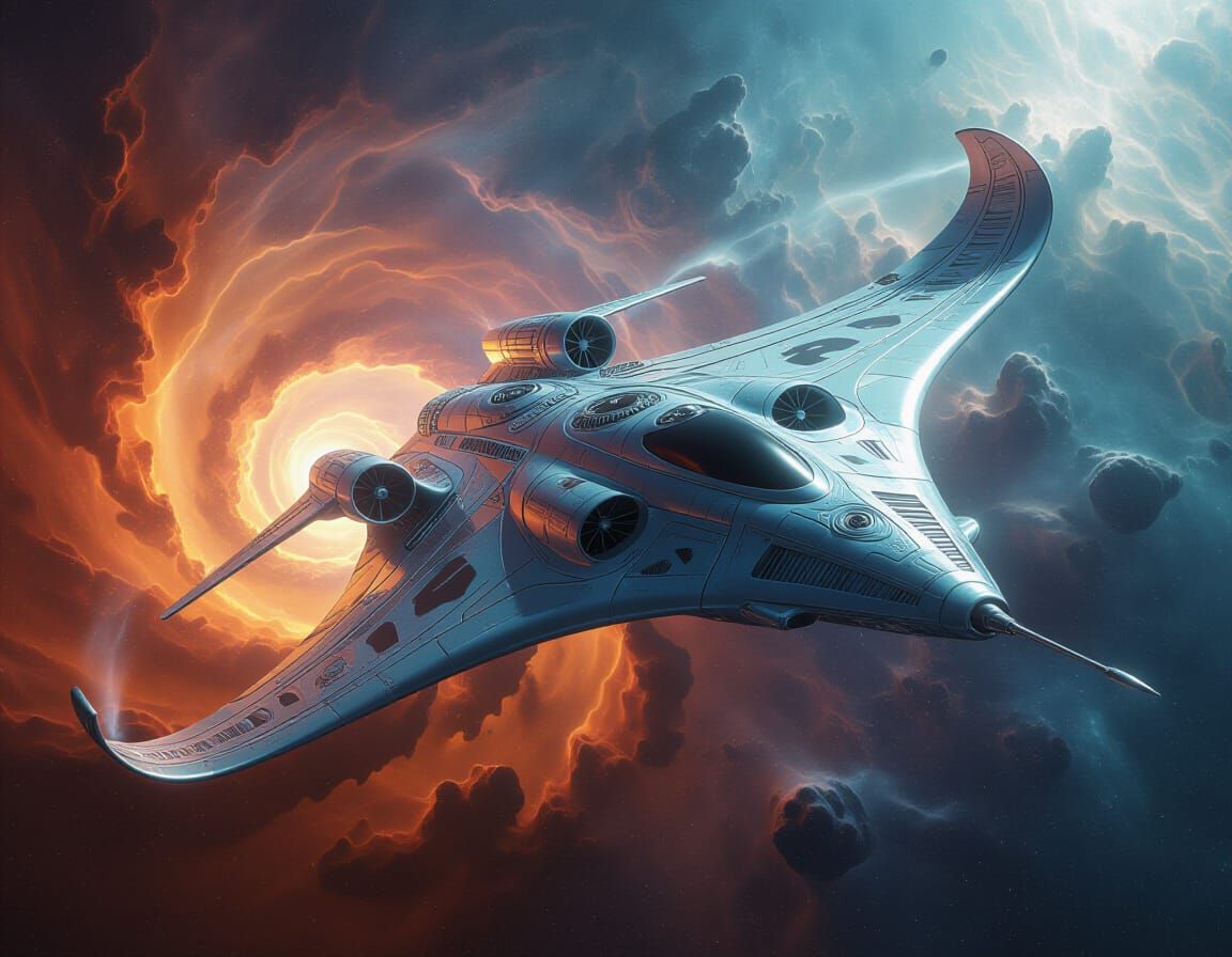 Colossal Fractal Starship Manta Ray Emerging From Nebula