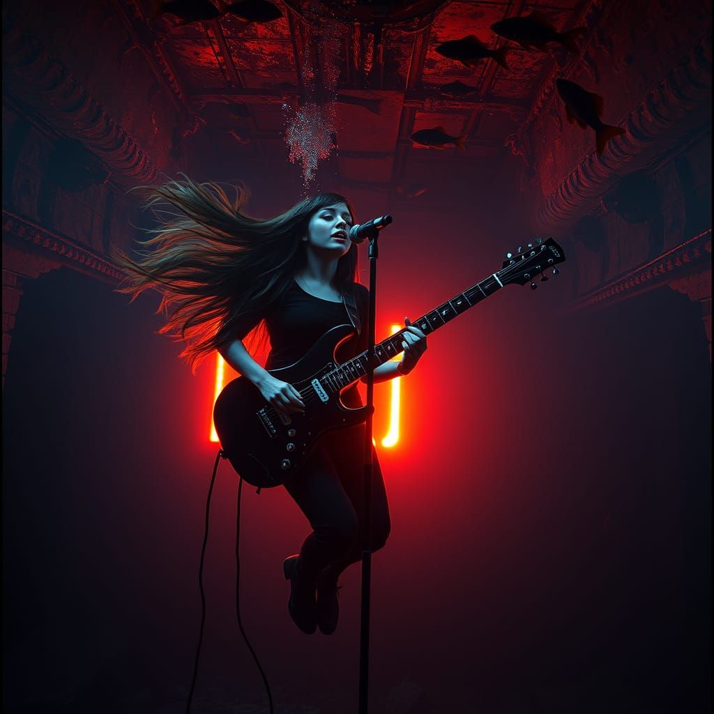Underwater Goth Singer in Abandoned Ship, RGB Glitch Art
