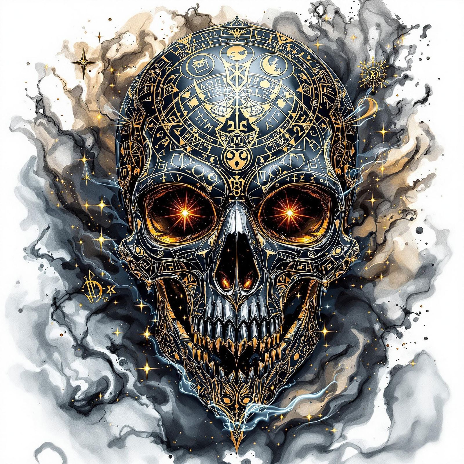 Glowing Runes on Marbled Raven Skull