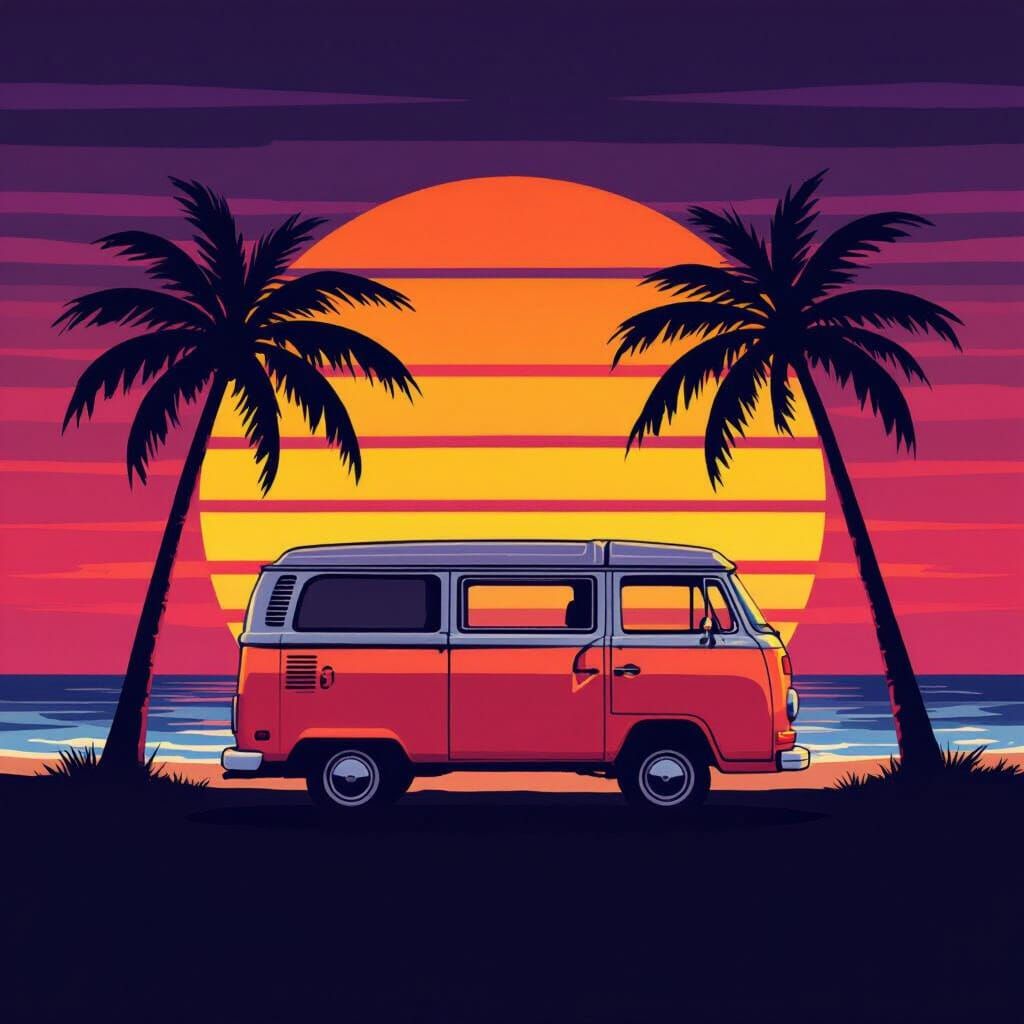 Retro 80s Surf Van at Sunset Beach in Vector Style