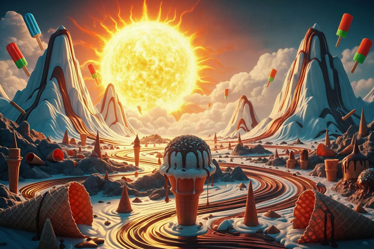 Surreal Melting Ice Cream Landscape in Film Style