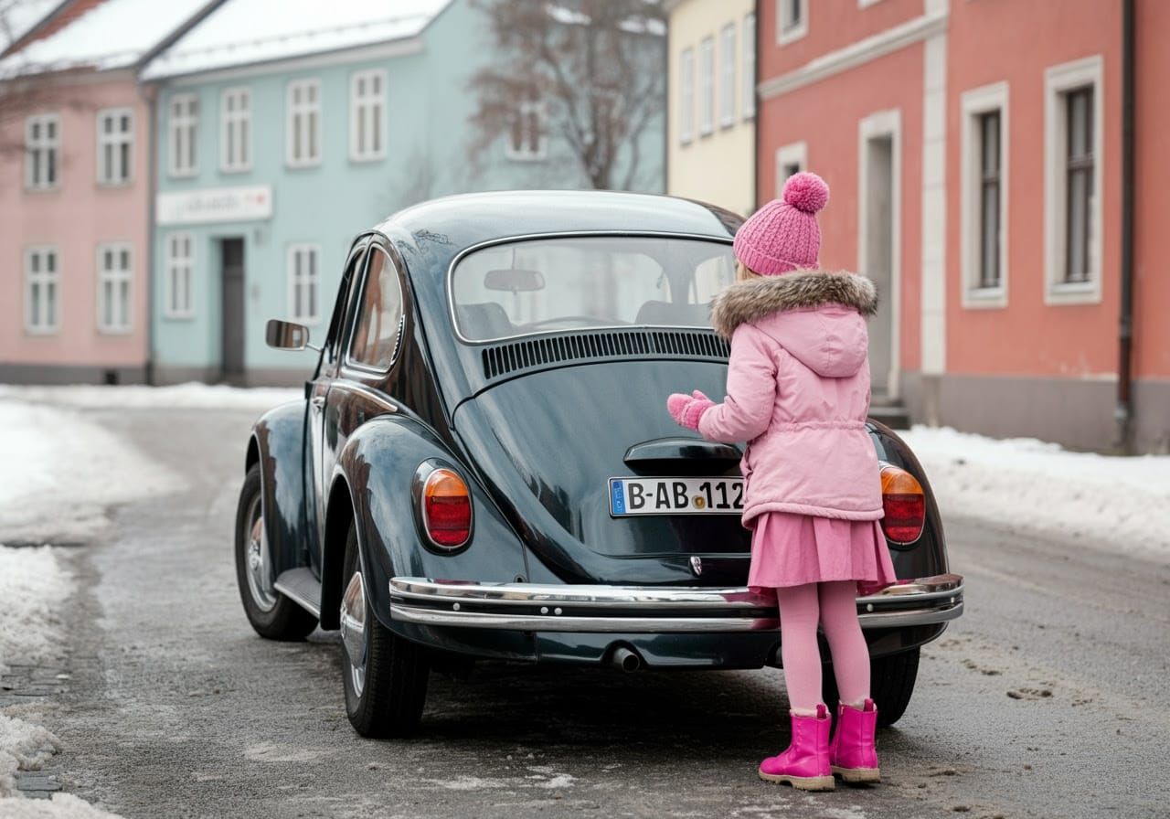 Girl Discovers Vintage VW Beetle in Winter Wonderland