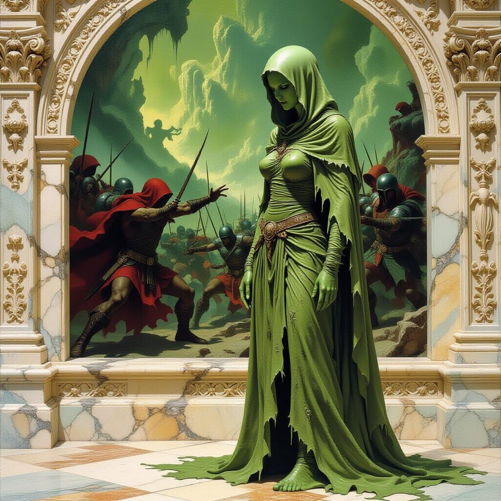 Ooze Creature Before Marble Frieze in Fantasy Oil Painting