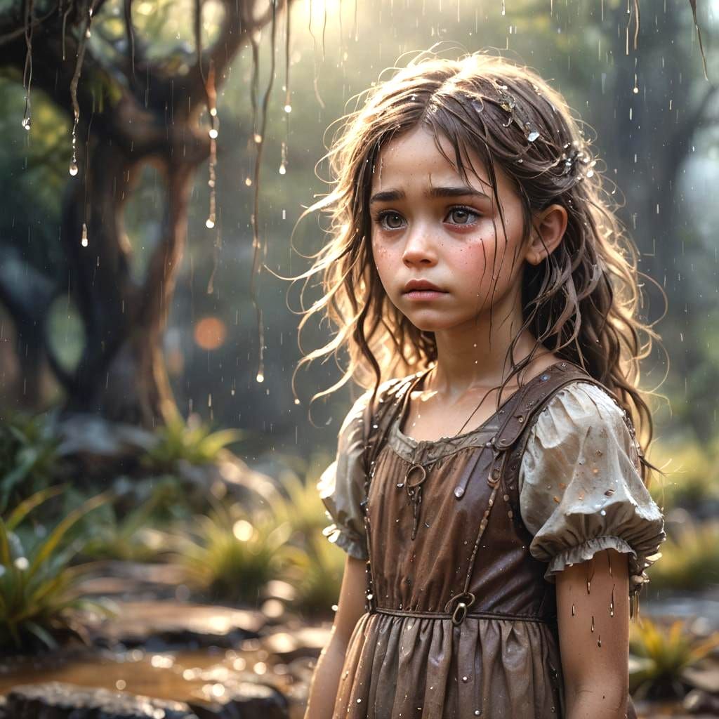 Endearing Little Girl Crying: Detailed Matte Painting