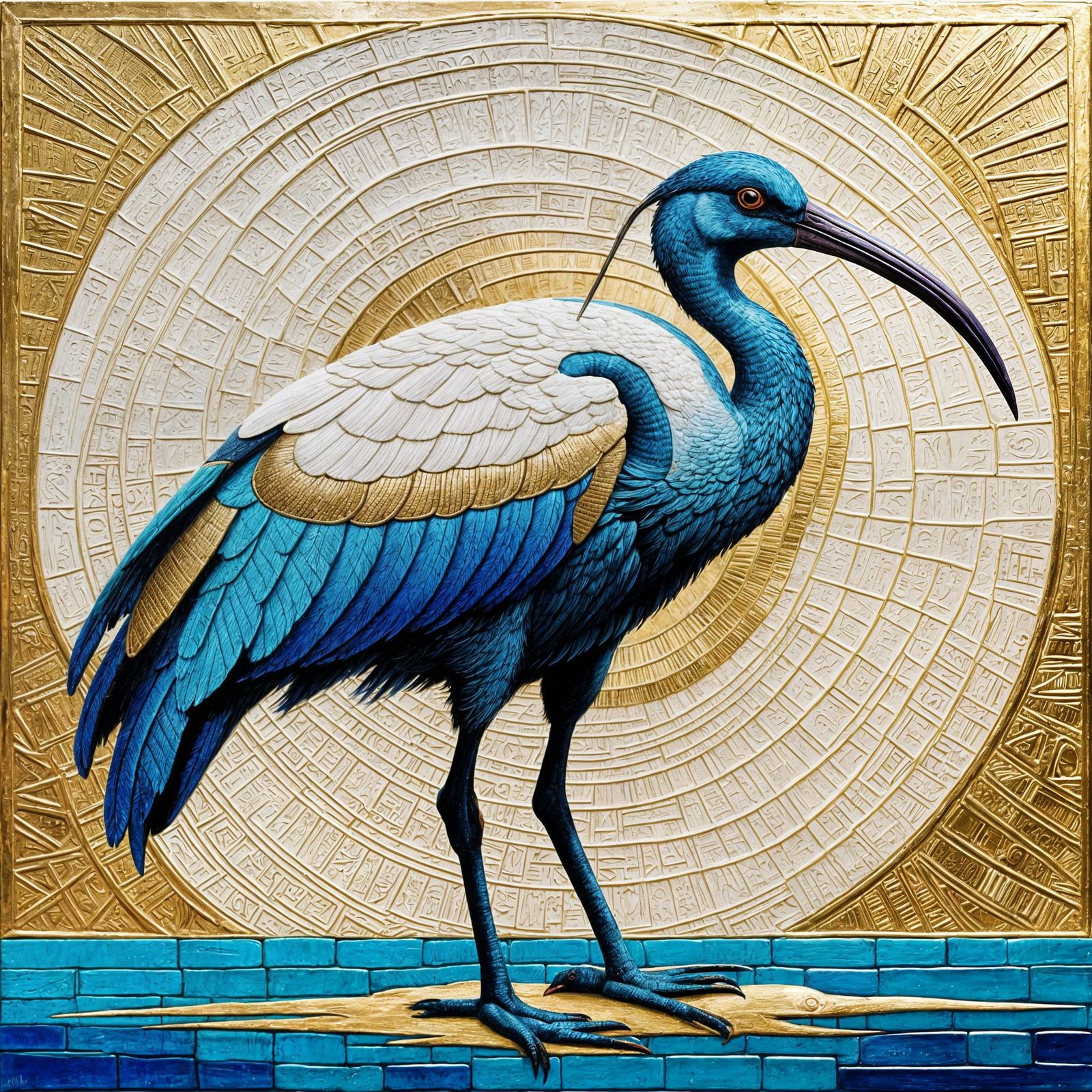 Neon Egyptian Ibis in Gold Oil Painting