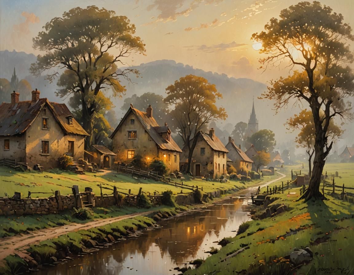 Serene Village in Mist: An Atmospheric Oil Painting