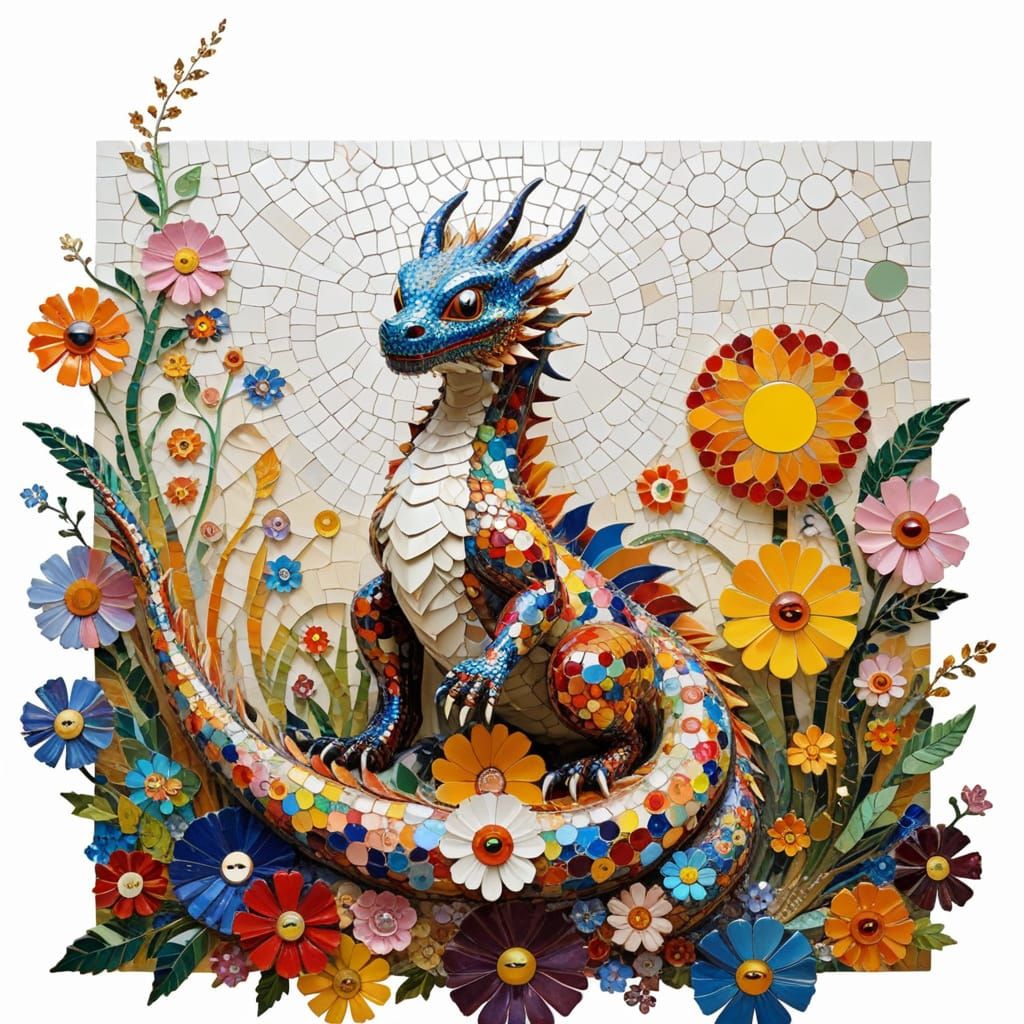 Tiny Dragon on Sun Disk with Mosaic Swirls