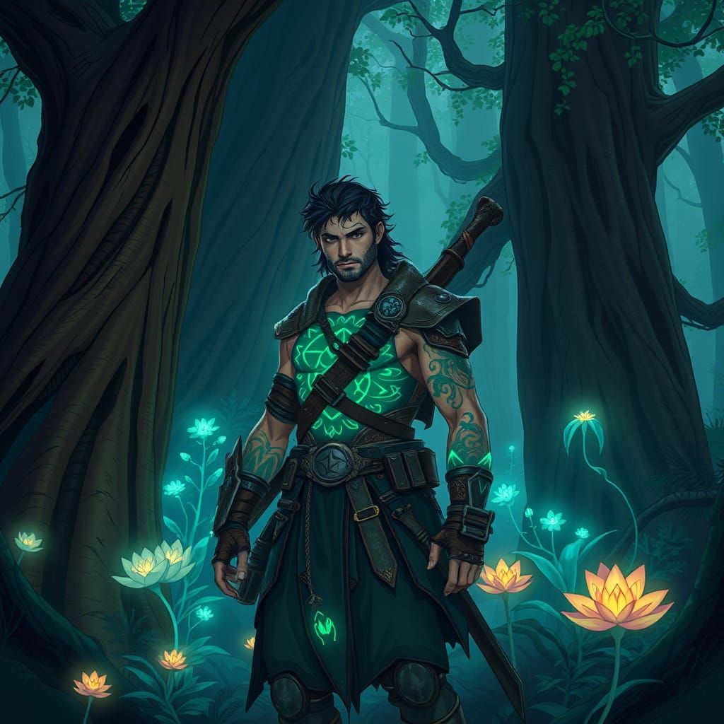 Mystical Forest Guardian with Bioluminescent Flora