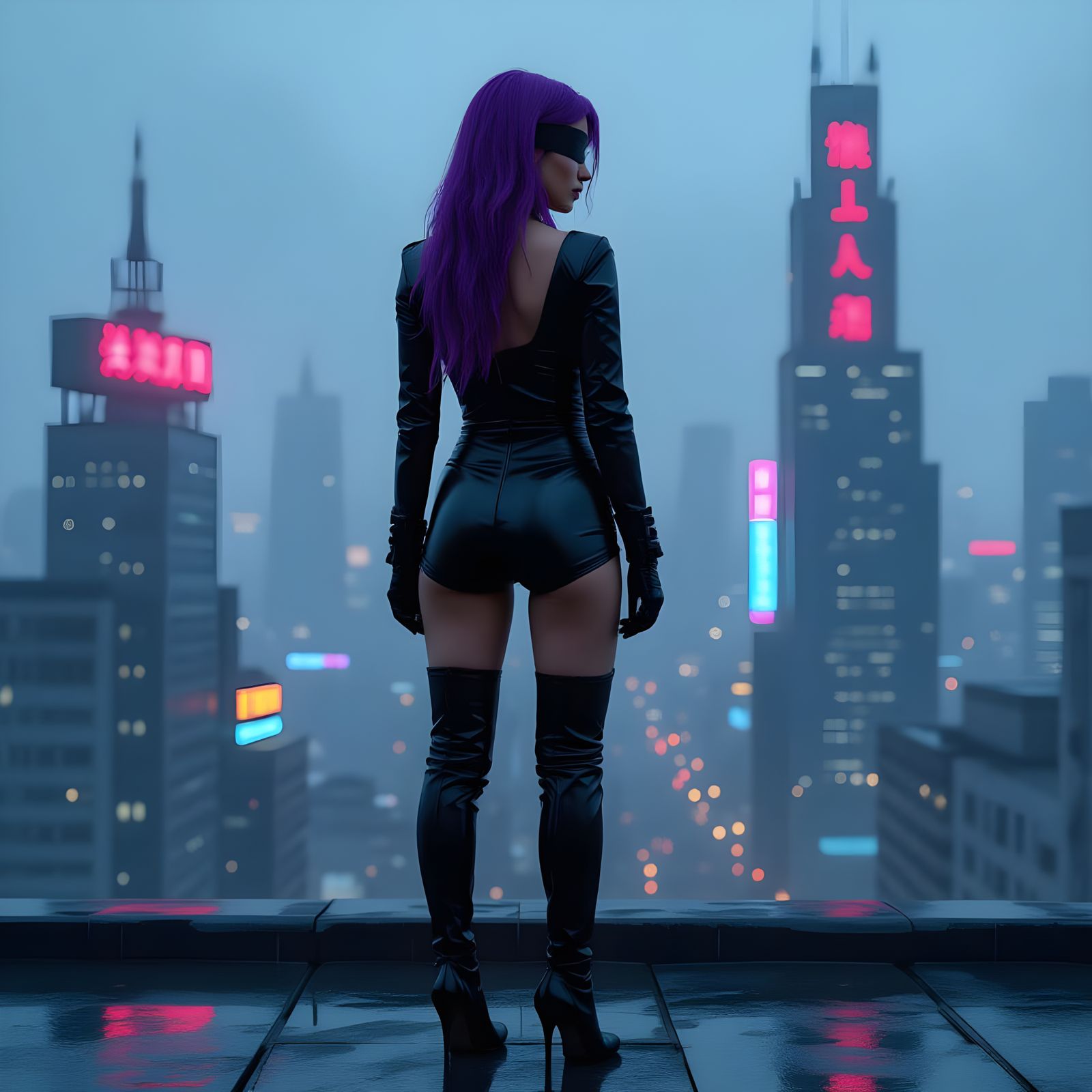 Cyberpunk Woman on Rooftop in the Style of Helmut Newton