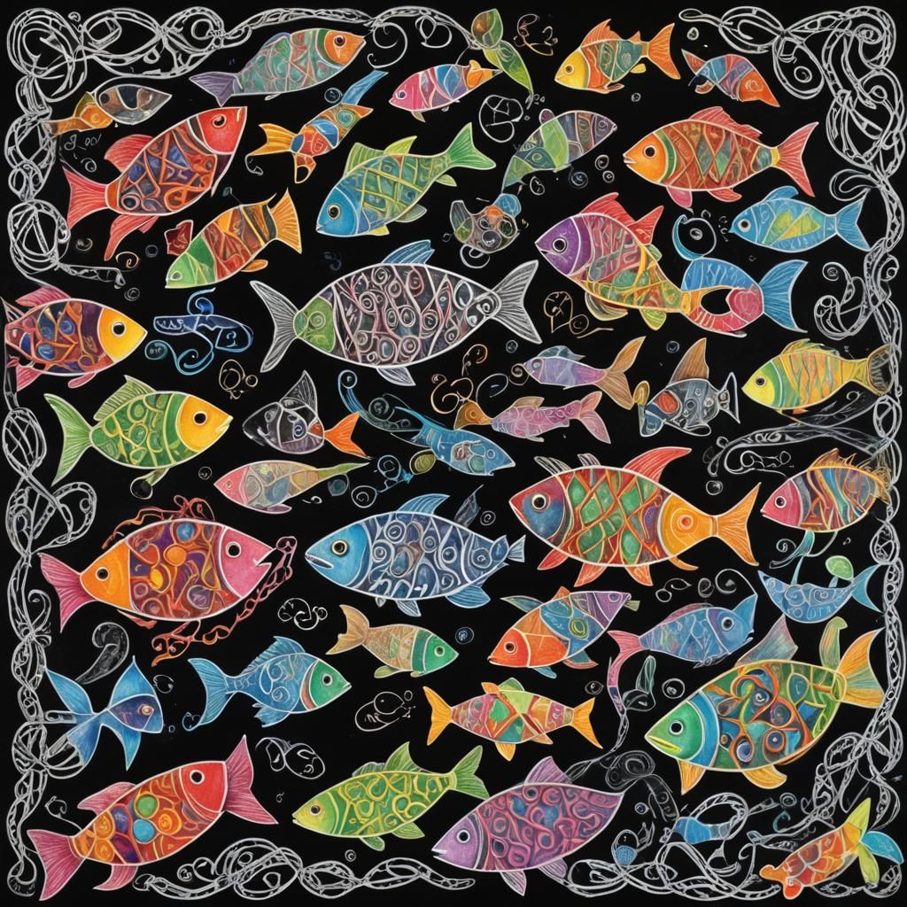 Surreal Celtic Fish in Crayon with Rainbow Fairy