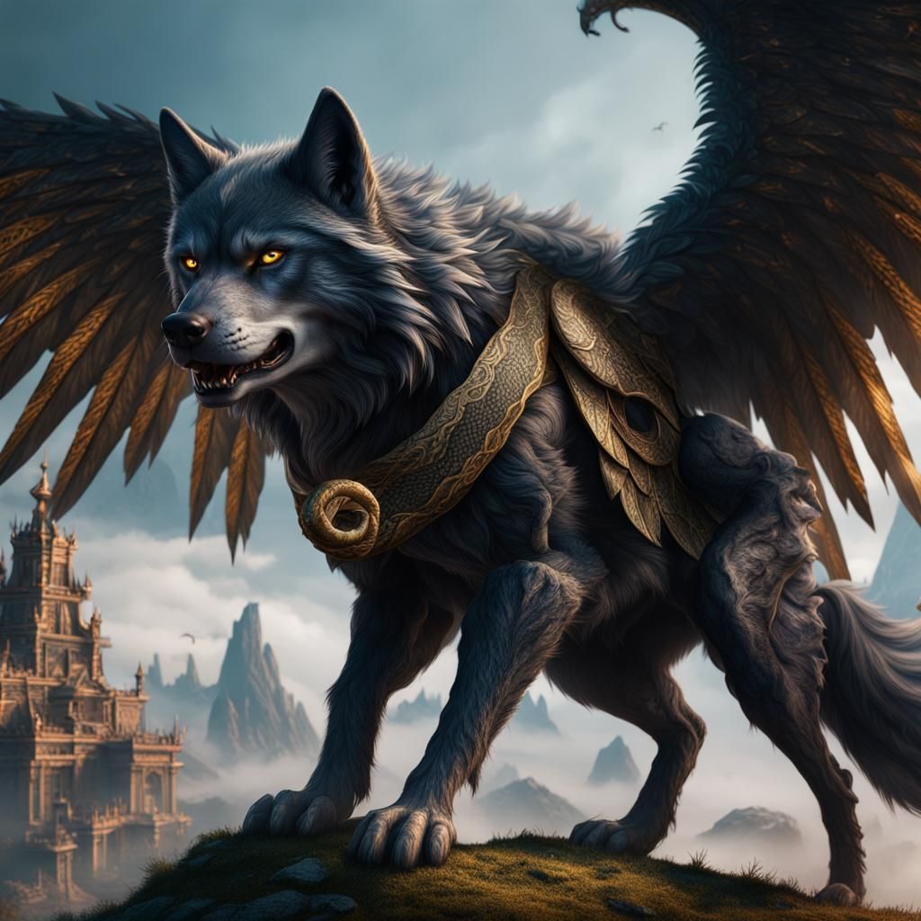Winged Wolf with Snake Tail: Fantasy Concept Art