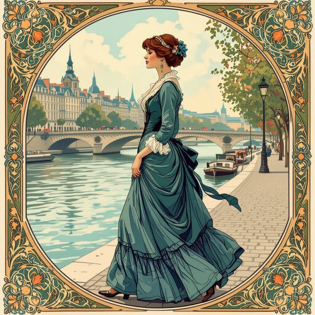 Elegant Woman Strolls Seine River, Art Nouveau Style