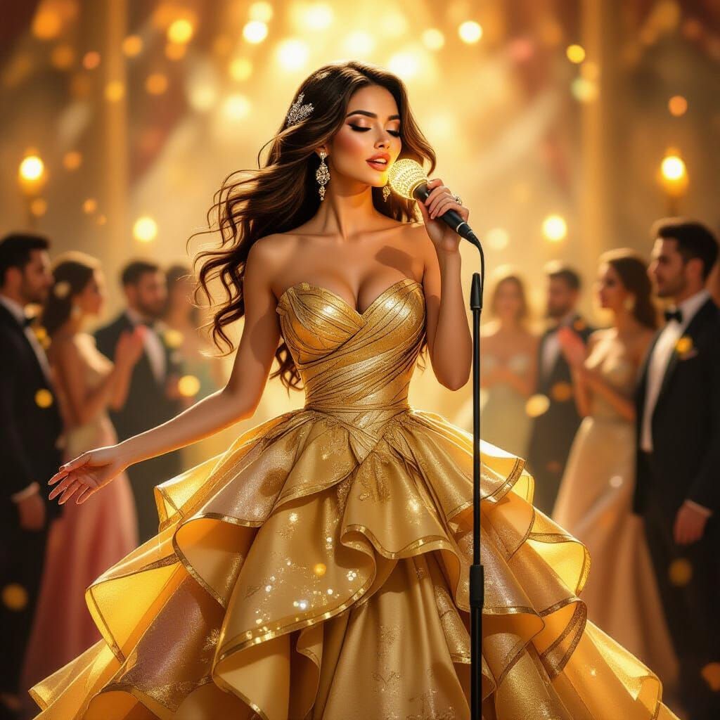 Glamorous Singer in Golden Gown Holds Glowing Microphone
