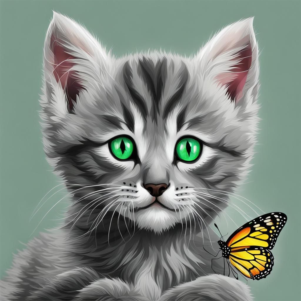 Cute Grey Kitten with Butterfly