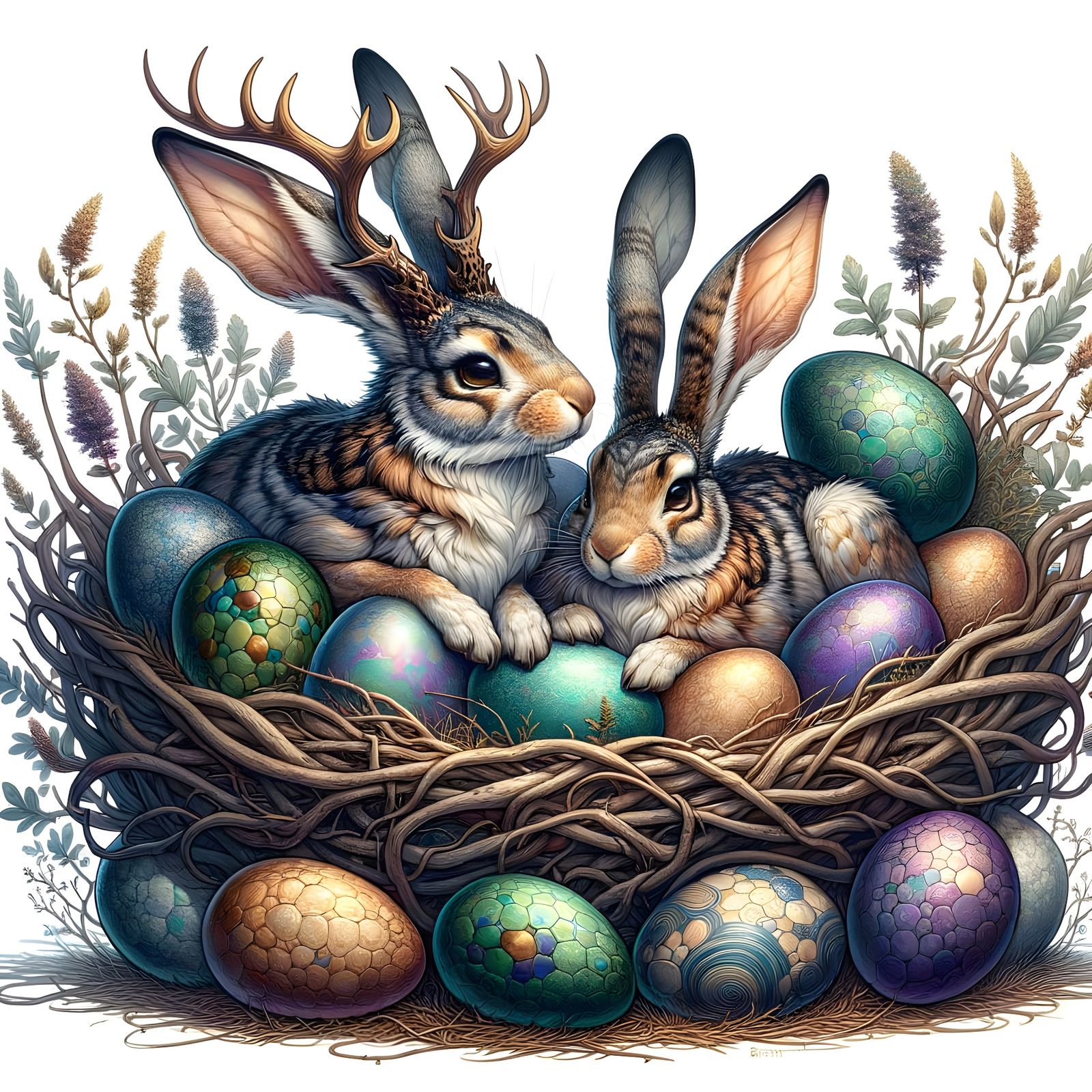 Jackalope Family and Colorful Nest at Sunset