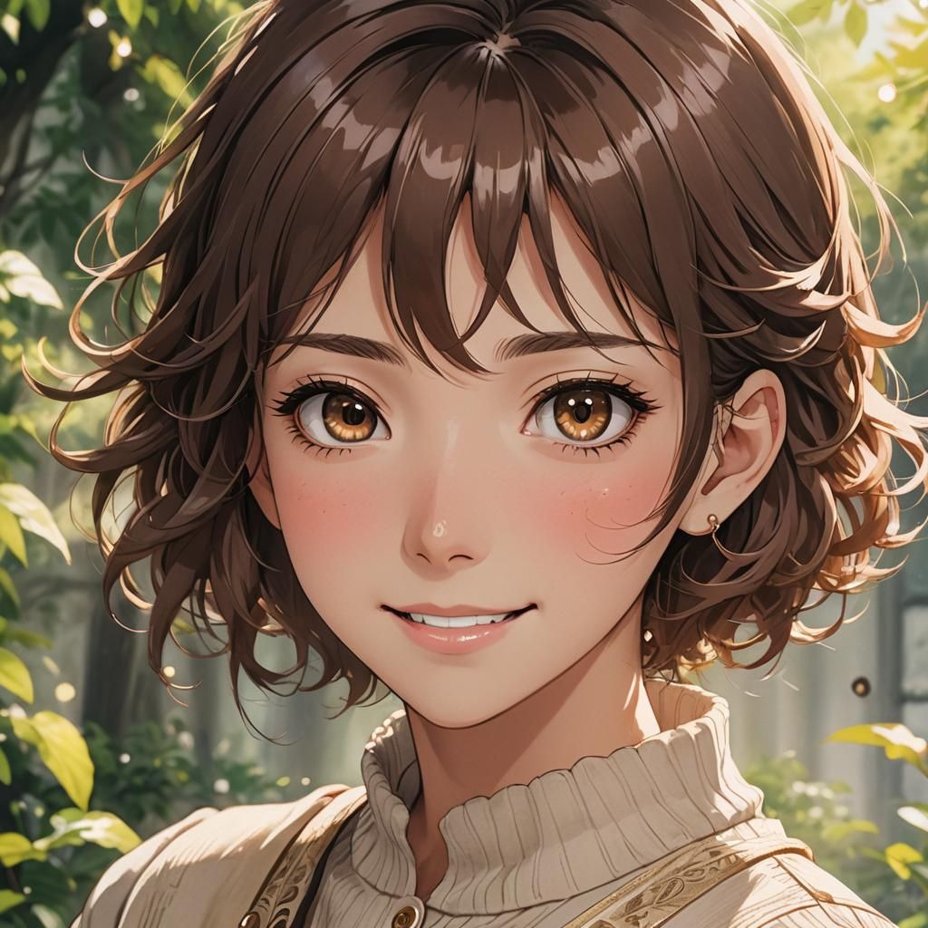 Anime Woman Portrait with Honey Eyes and Warm Smile