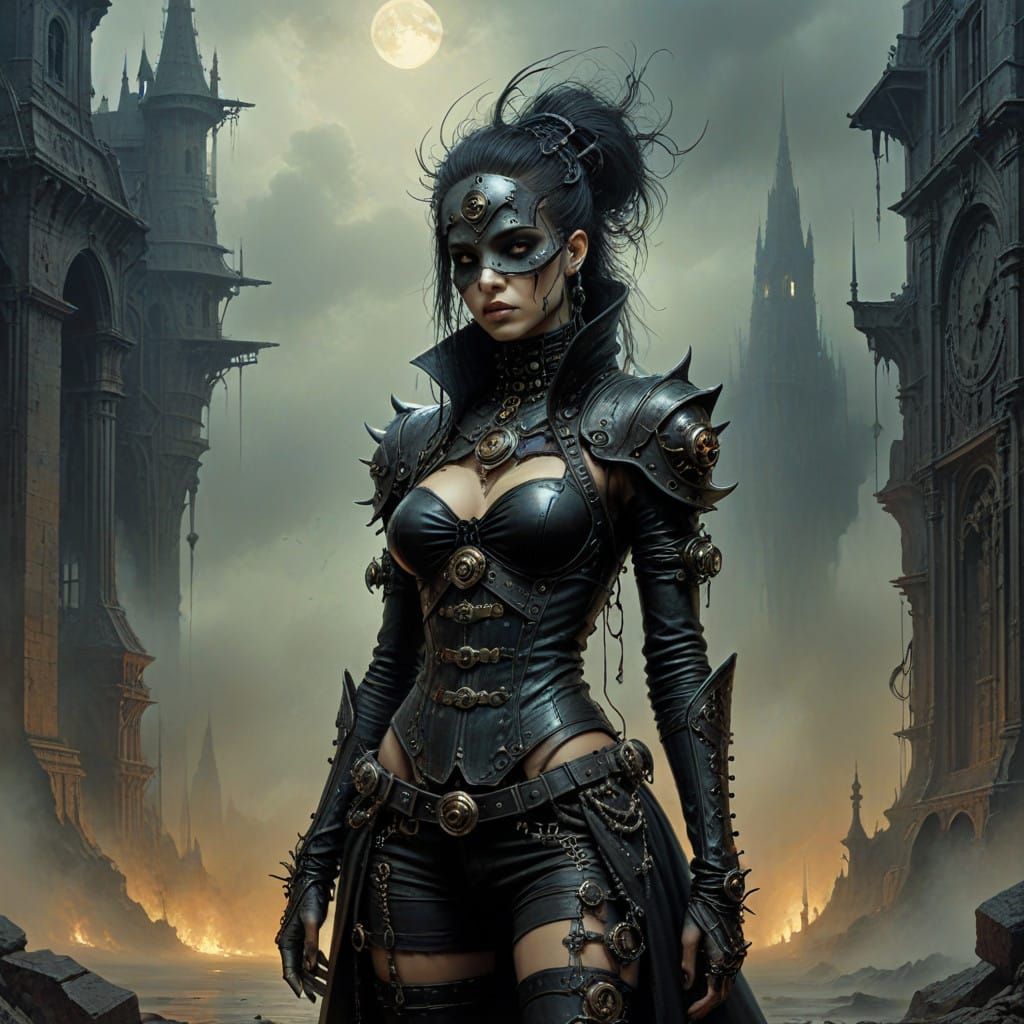 Dark Cyberpunk Scene with Gothic Architecture and Steam-Powe...