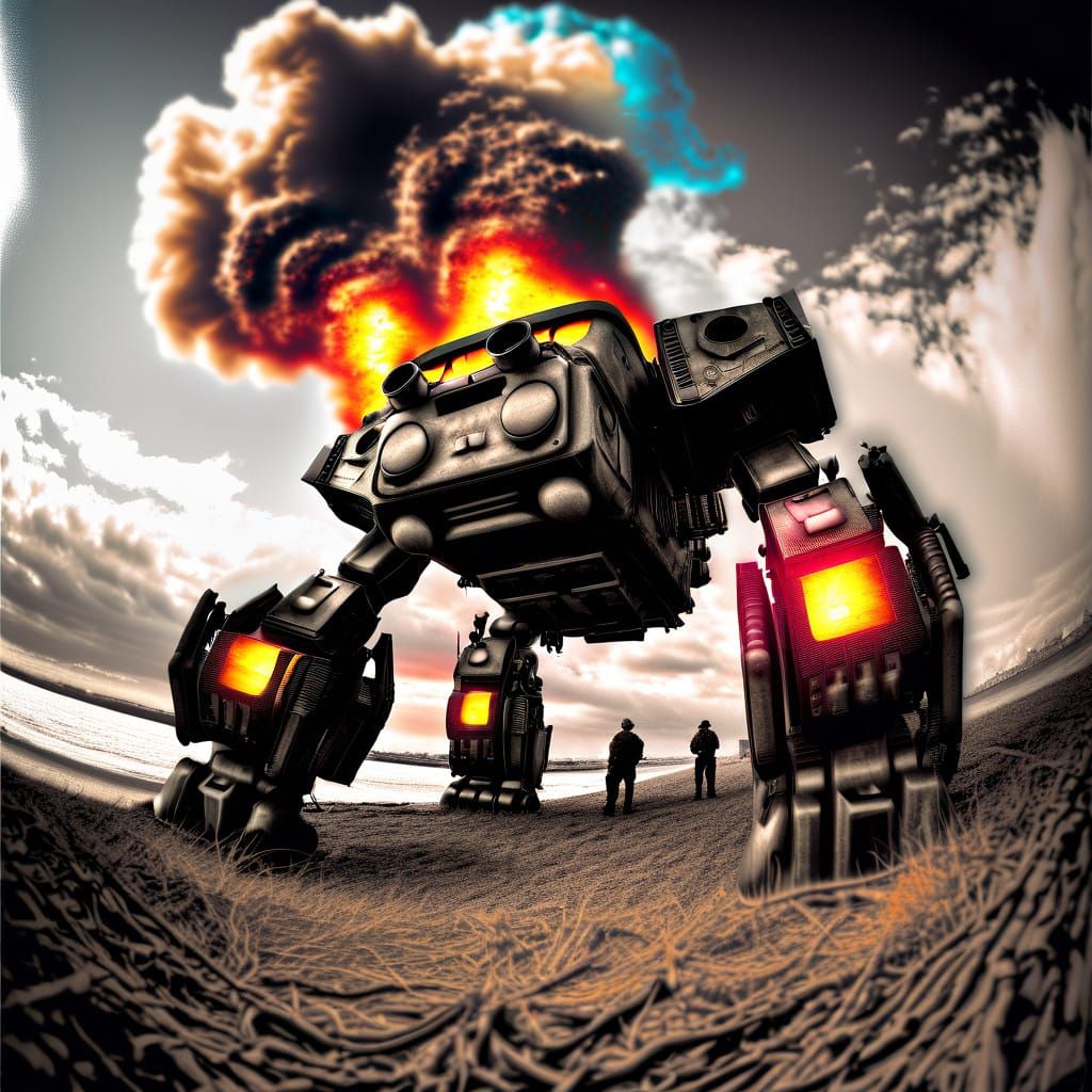 Cyberpunk Mech Inferno on Coastal Horizon