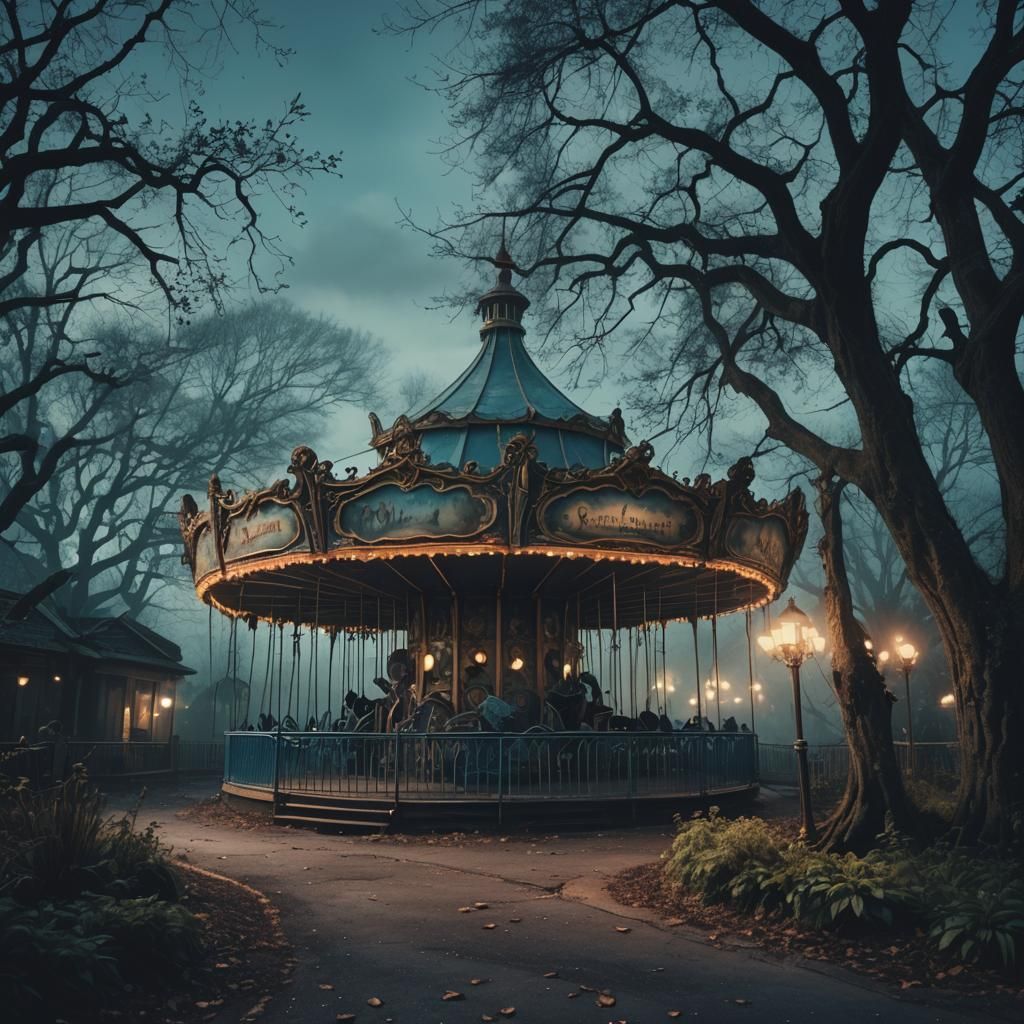Abandoned Theme Park with Ghosts in Gothic Style