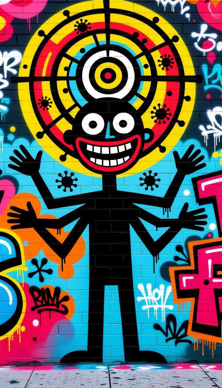 Graffiti Art Figure with Target Halo on Brick Wall