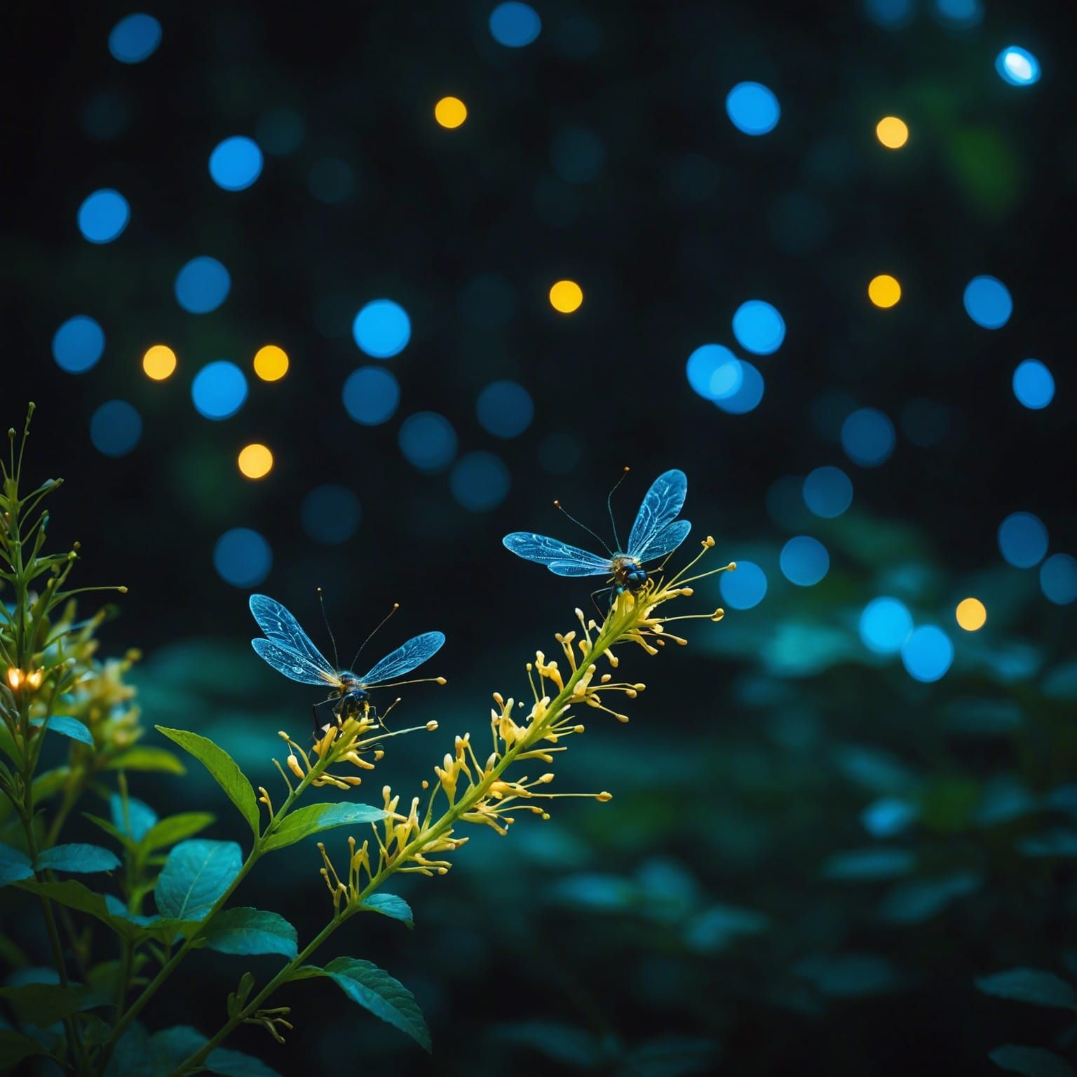 Iridescent Fireflies Dancing Under Moonlight in a Dreamy Lan...