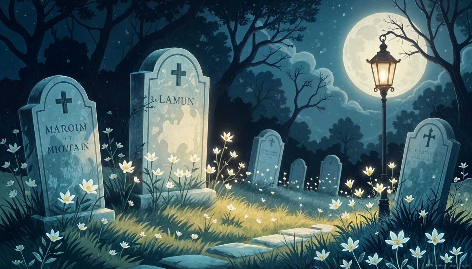 Moonlit Graveyard with Spectral Flowers
