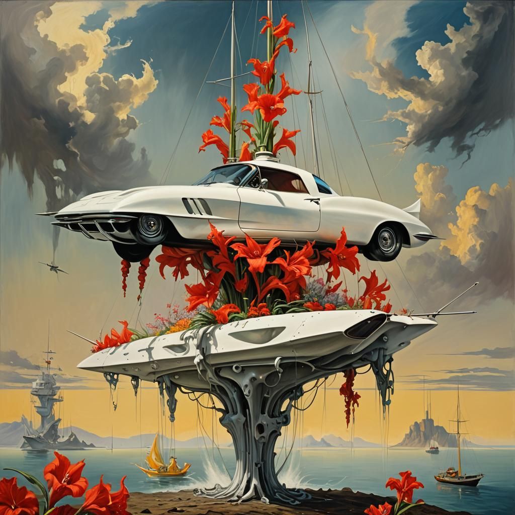 Surreal Corvette Ship with Gladioli, Dali Style