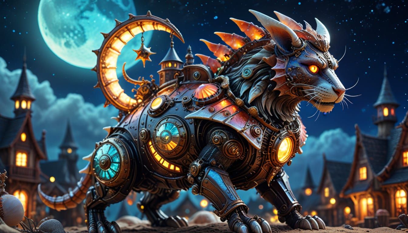 Steampunk Beast Protecting Village in Dreamlike Macro Photog...