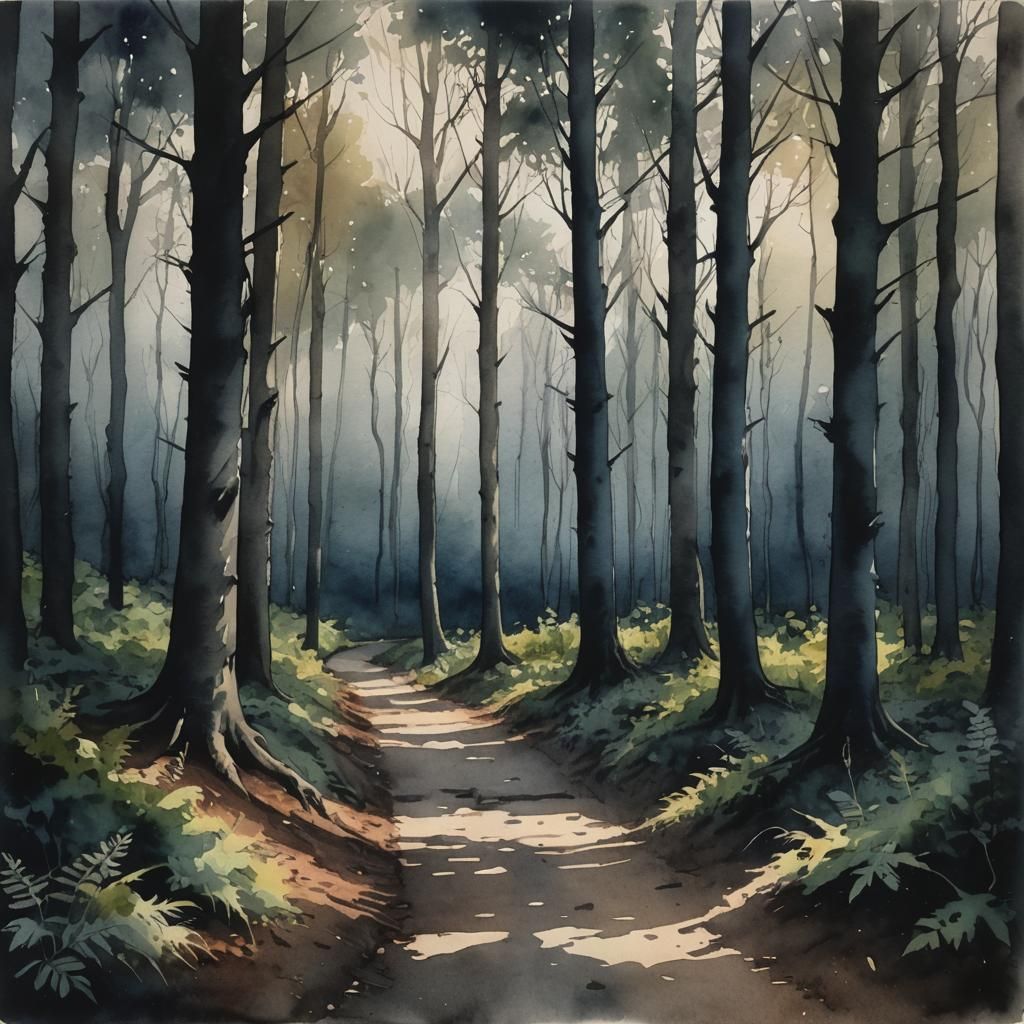 Dark Moody Forest Path in Watercolor