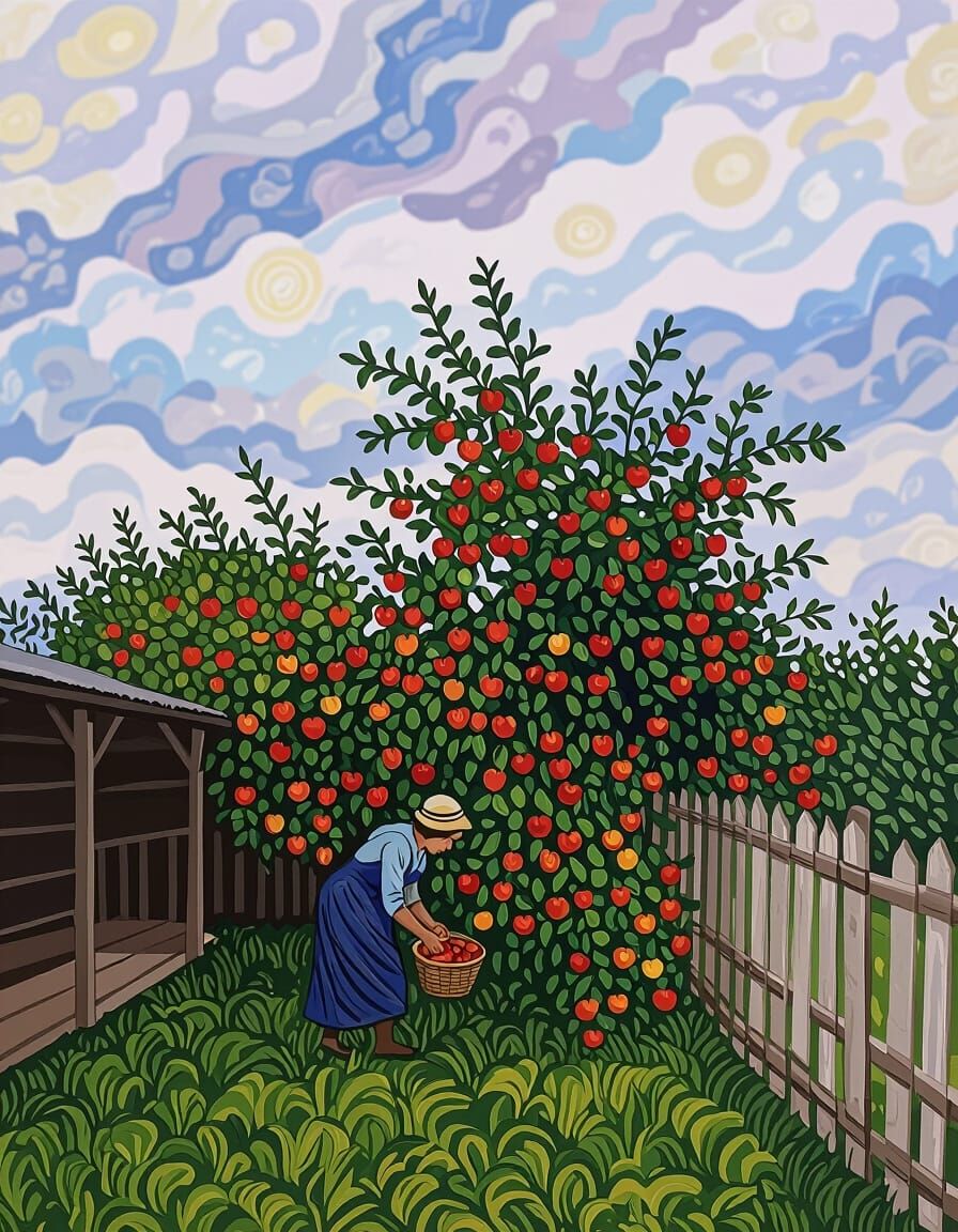 Woman Harvesting Apples in Van Gogh Style