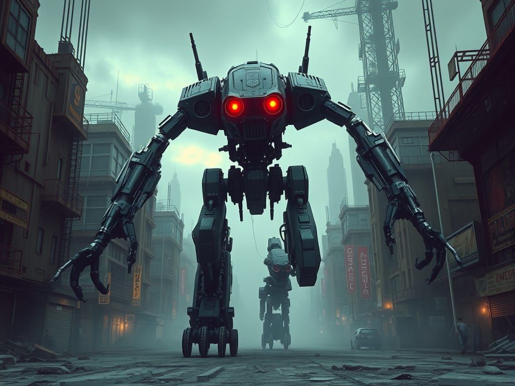 Mechanical Robot Rampages Through Dystopian Cityscape