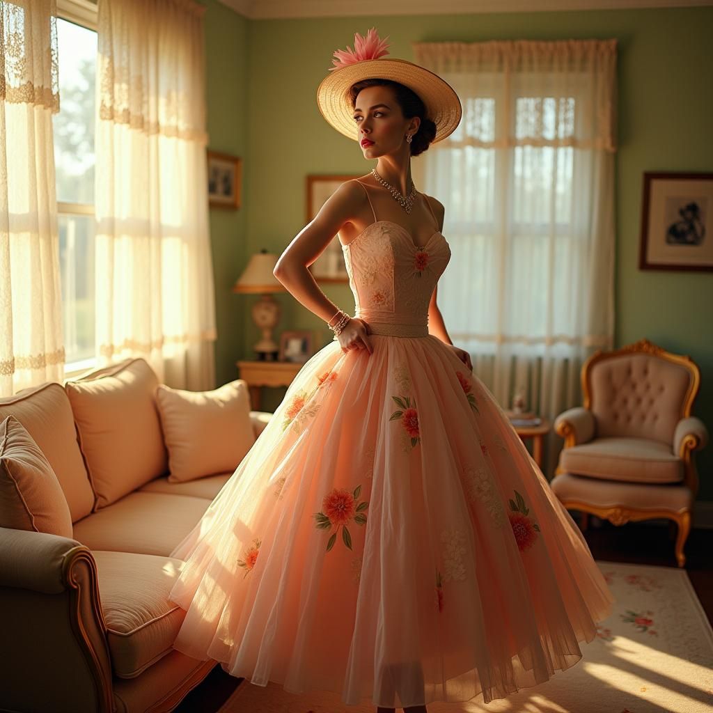 Elegant 1950s Woman in Floral Dress, Retro Style