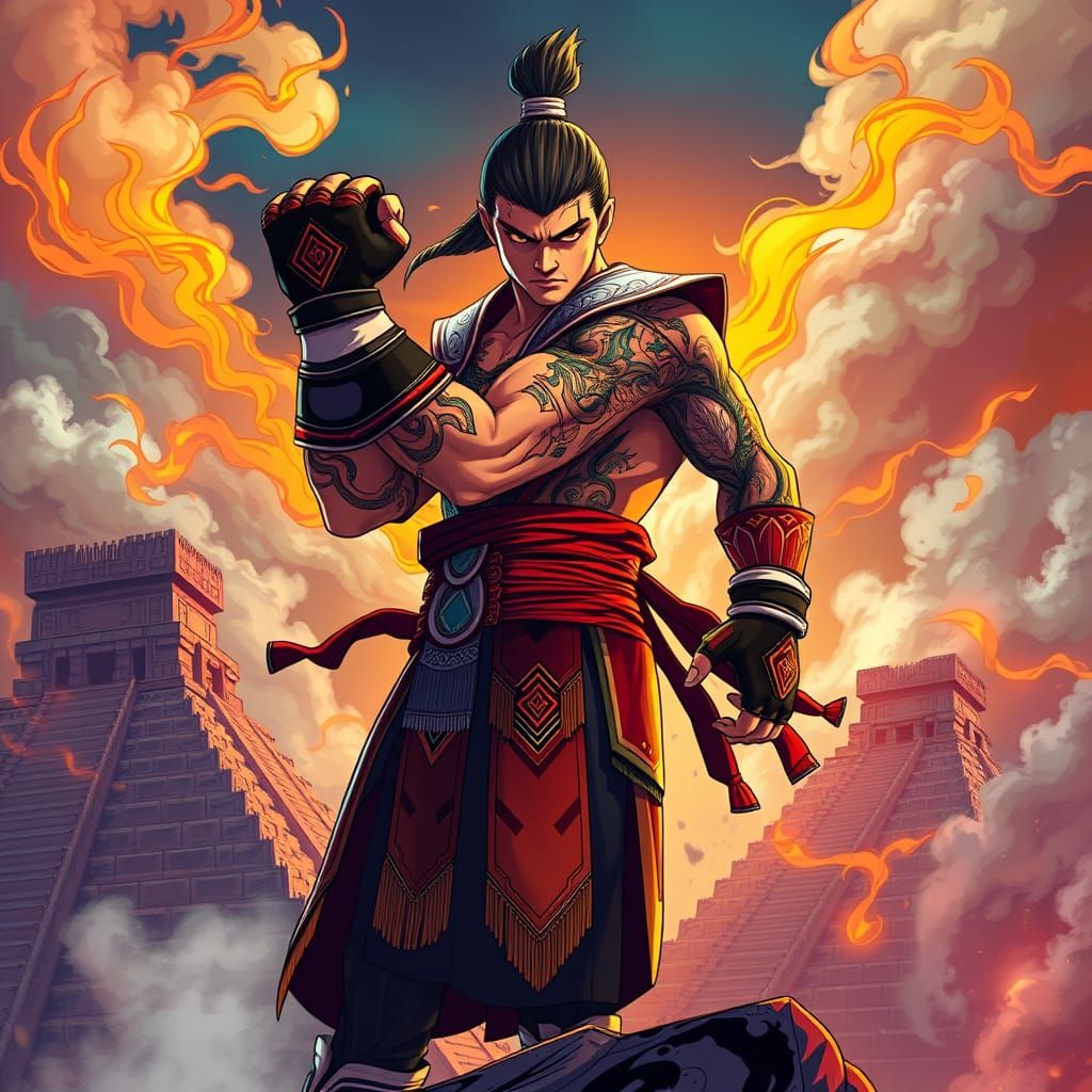 Muay Thai Warrior on Ziggurat in Anime Style